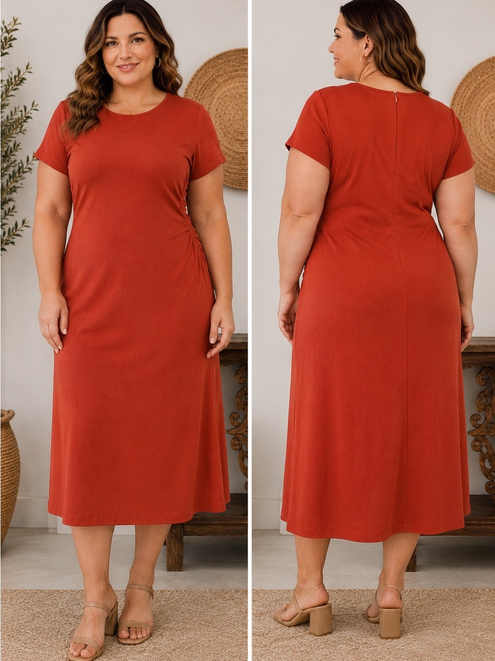 Boden Ruched Midi Dress | Rust Orange Cotton Blend Preppy Minimalist | 16-18